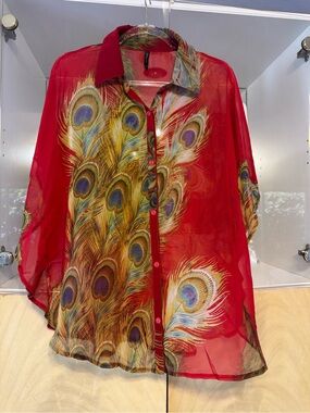 New Directions batwing blouse sheer, lightweight red apeacock feather free size